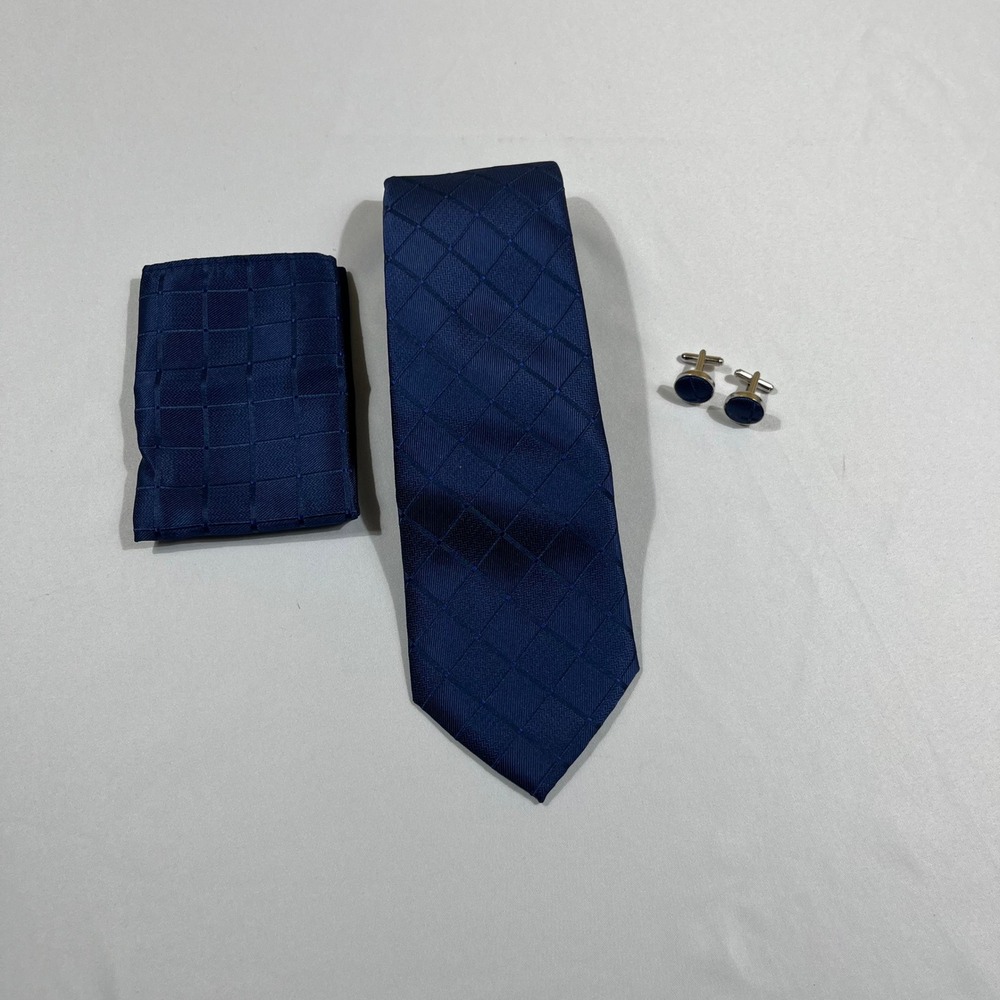 Hi-Tie Necktie Set Mens Navy Blue Geometric Diamond Tie Pocket Square Cufflinks